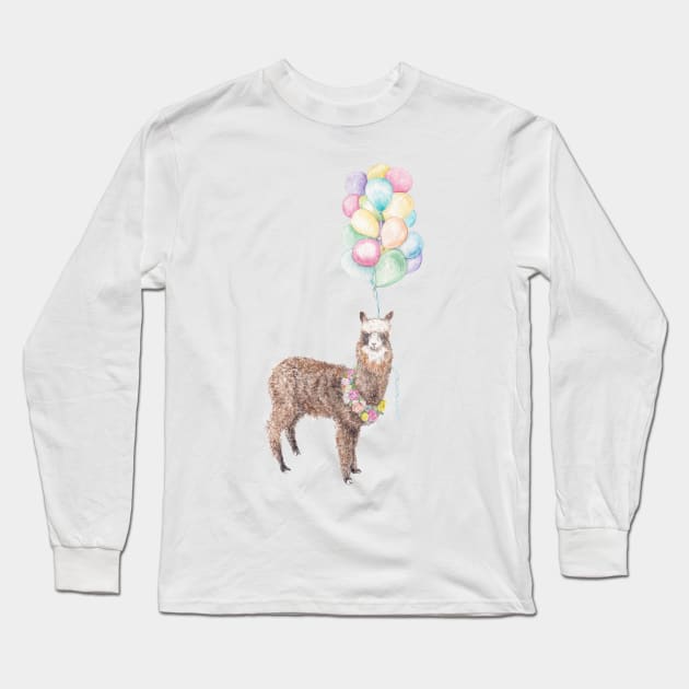 Llama alpaca boho flower garland balloon illustration Long Sleeve T-Shirt by wanderinglaur